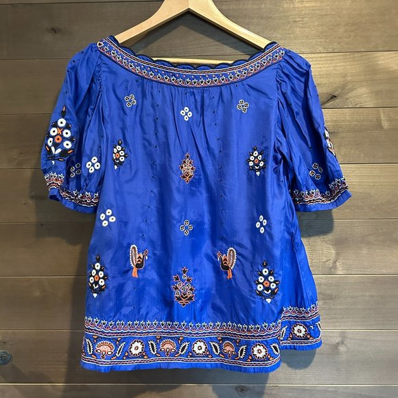 LITHE Anthropologie Embroidered Silk Peacock Boho Peasant Top - Picture 3 of 7